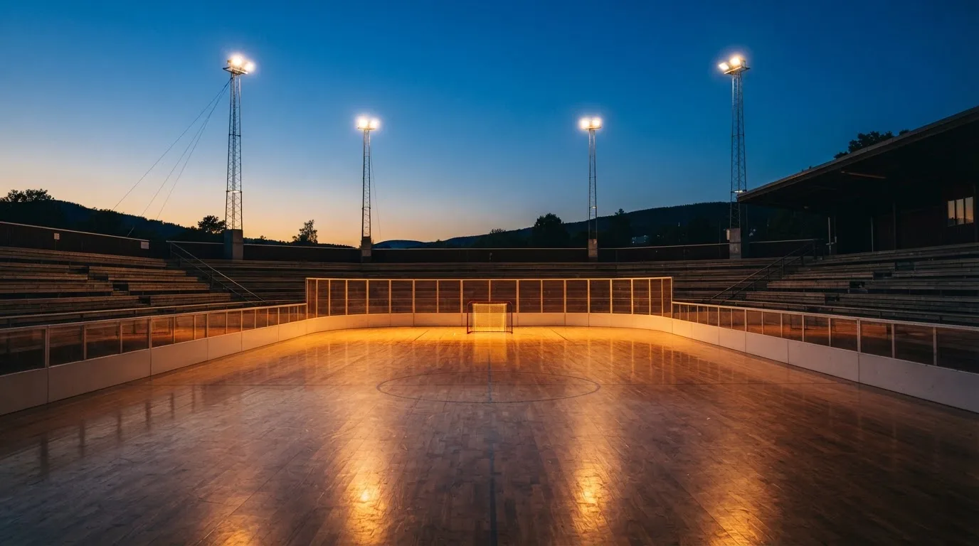 An empty football stadium with floodlight masts at dusk
