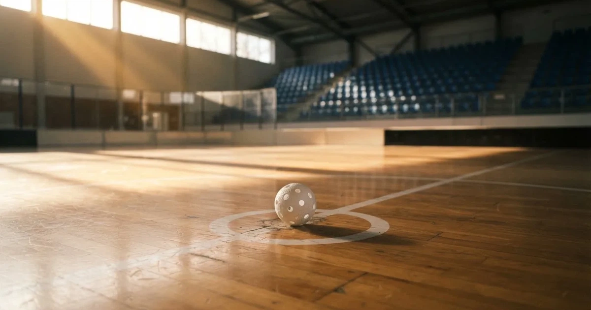 A ball on the centre spot of a grass pitch in morning light