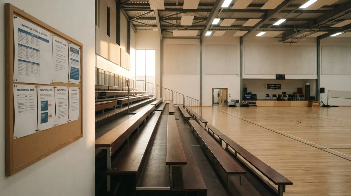 An empty courtroom with wooden benches in morning light
