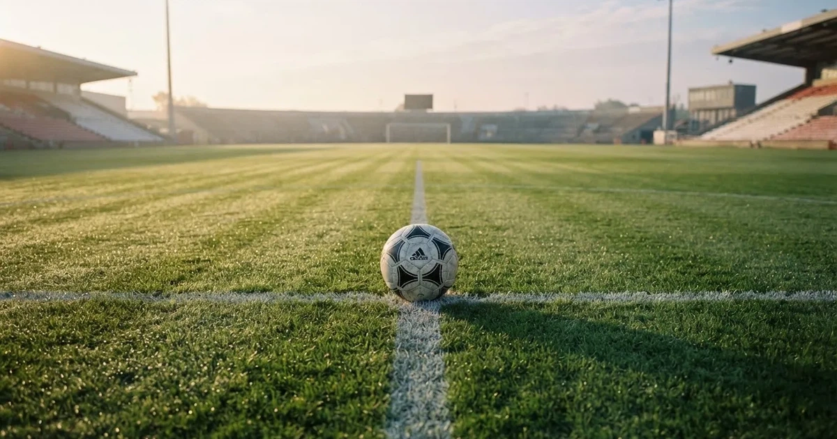 A ball on the centre spot of a grass pitch in morning light