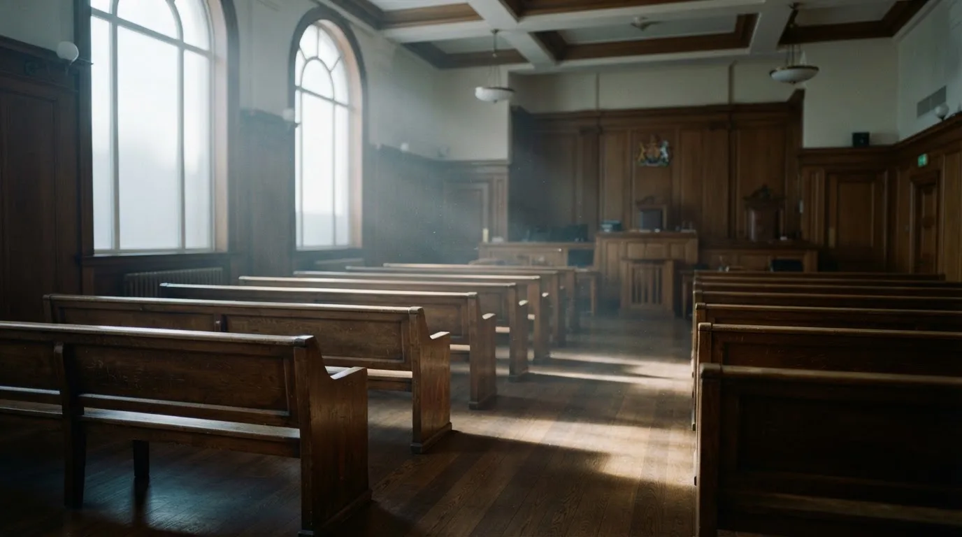 An empty courtroom with wooden benches in morning light