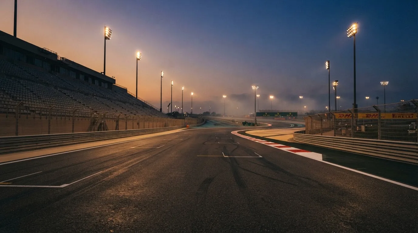 An empty football stadium with floodlight masts at dusk