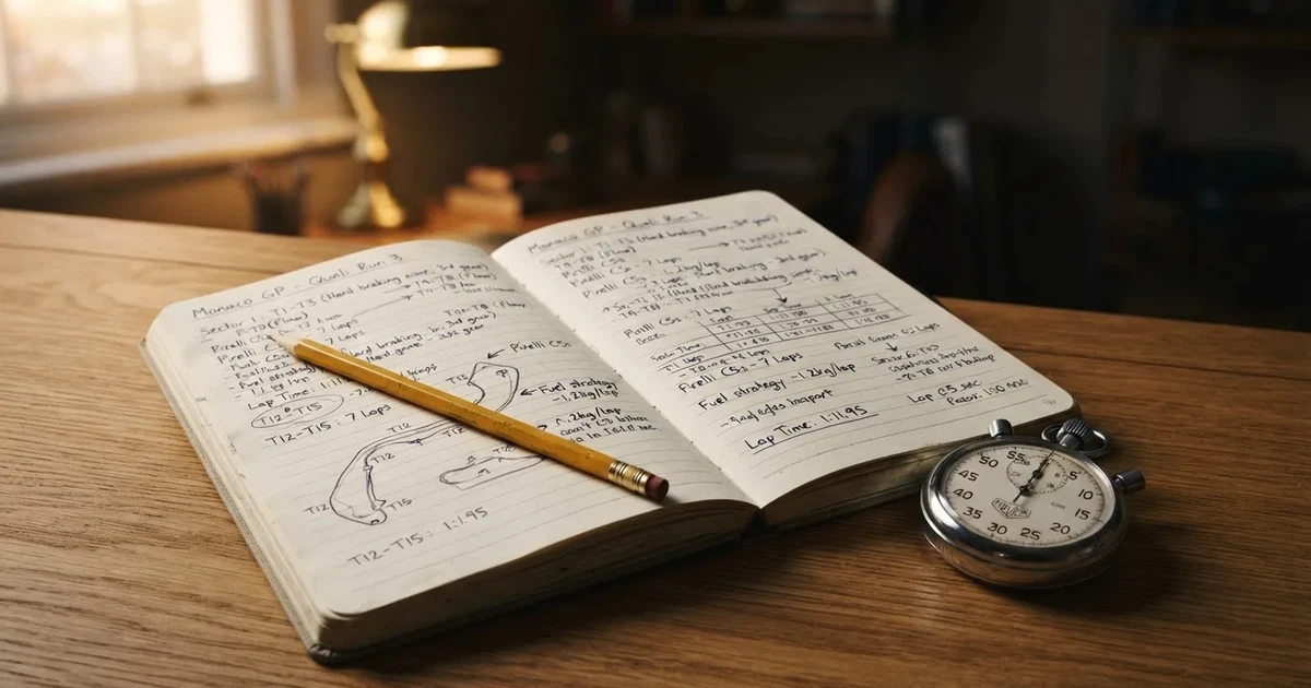 An open notebook with a pencil and a stopwatch on a wooden table