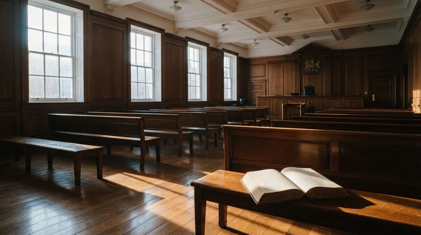 An empty courtroom with wooden benches in morning light
