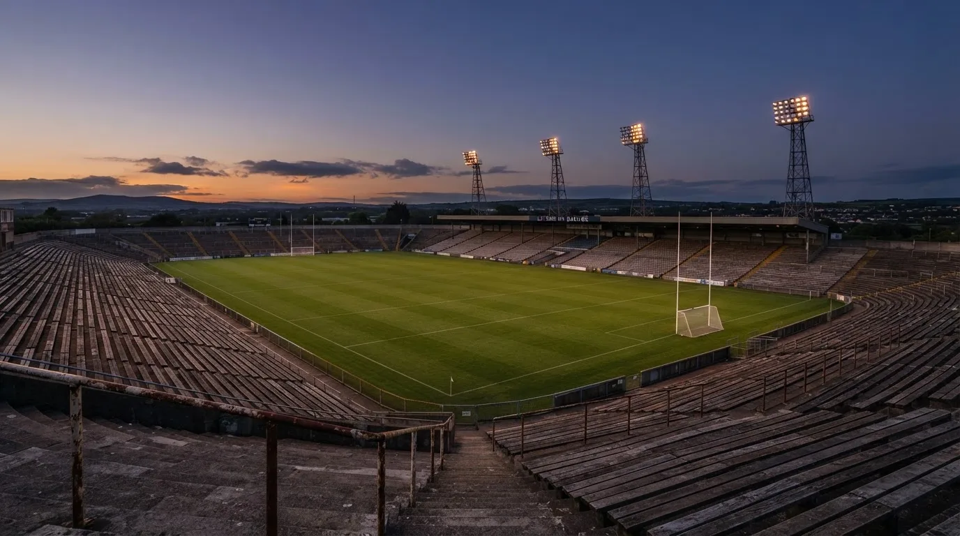 An empty football stadium with floodlight masts at dusk