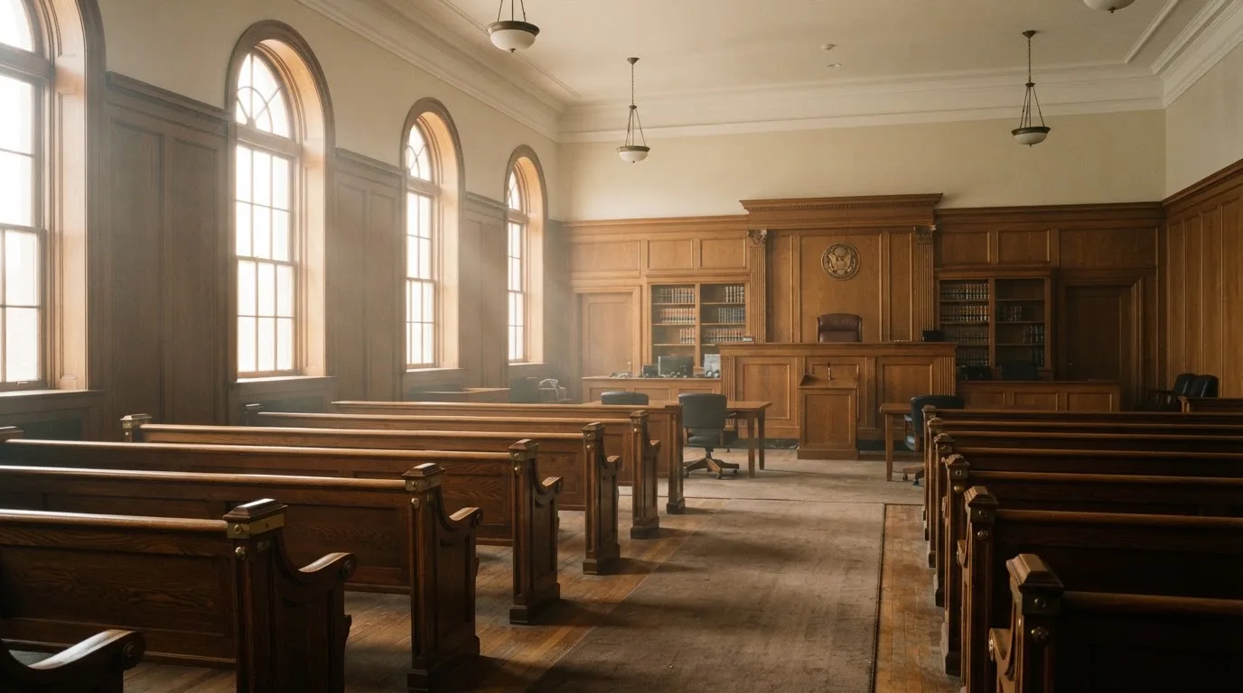 An empty courtroom with wooden benches in morning light