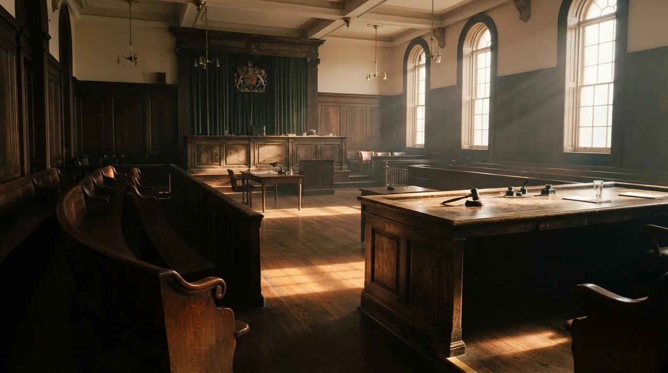 An empty courtroom with wooden benches in morning light