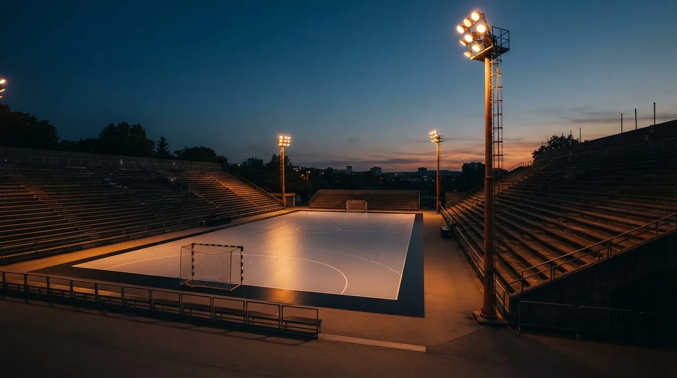 An empty football stadium with floodlight masts at dusk
