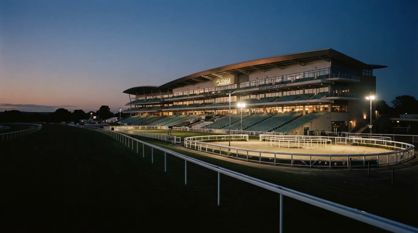 An empty football stadium with floodlight masts at dusk