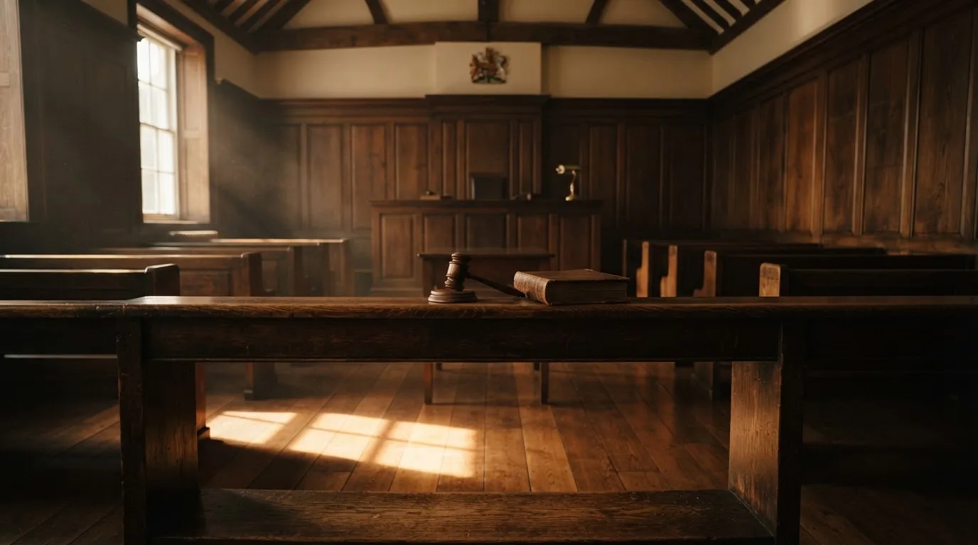 An empty courtroom with wooden benches in morning light
