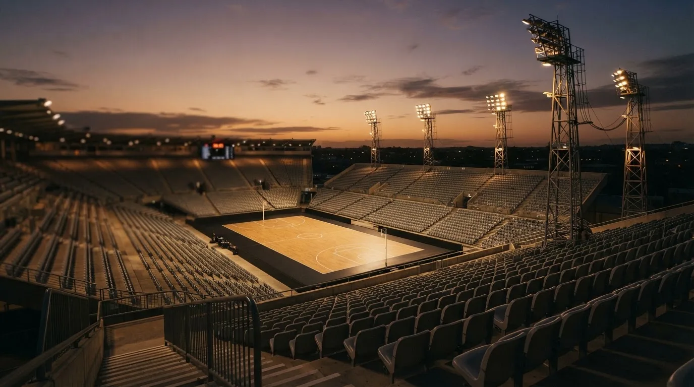 An empty football stadium with floodlight masts at dusk