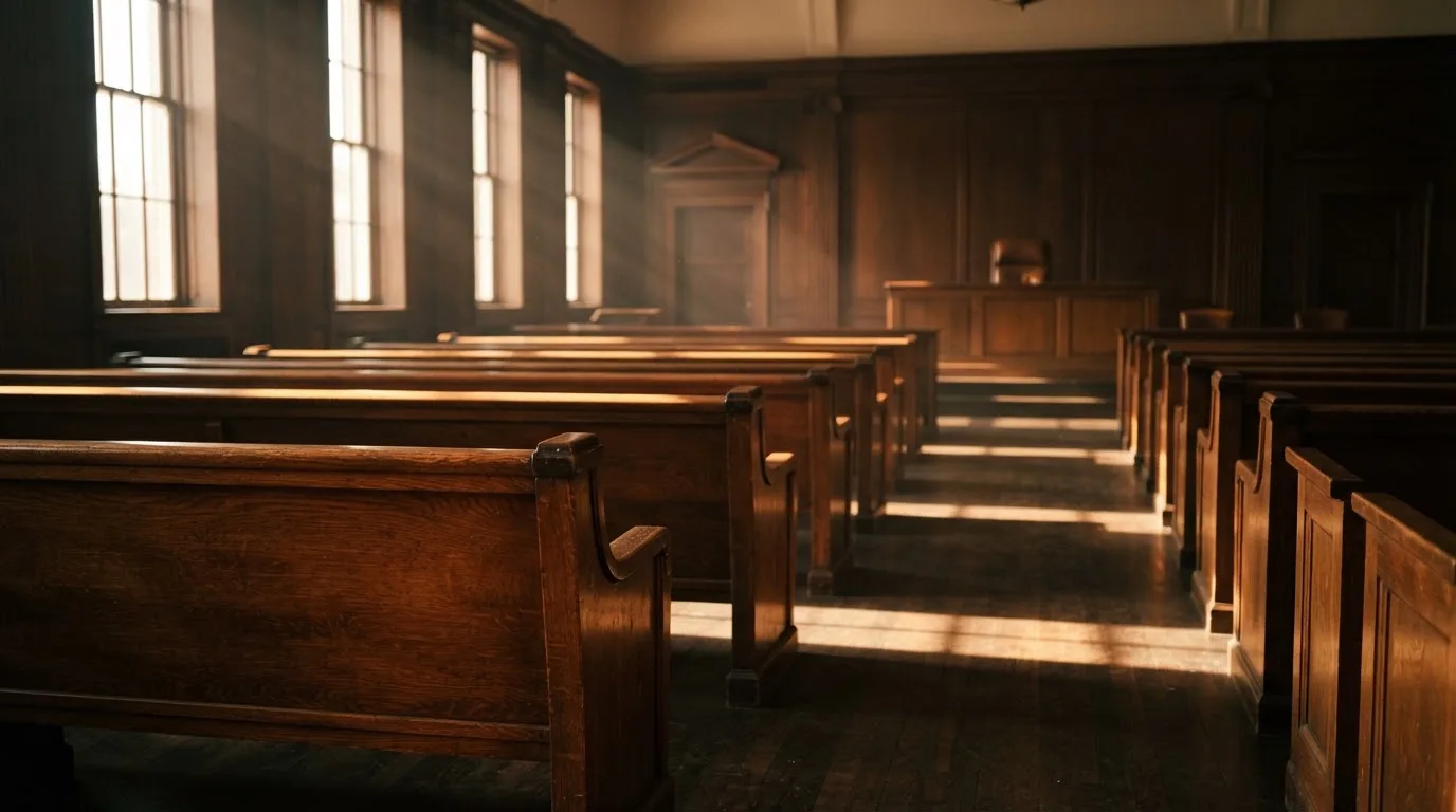 An empty courtroom with wooden benches in morning light