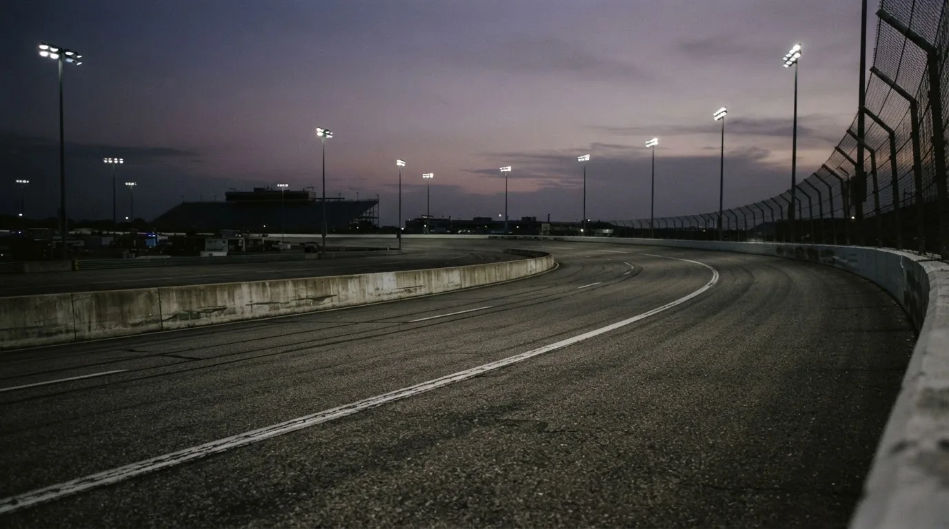 An empty football stadium with floodlight masts at dusk