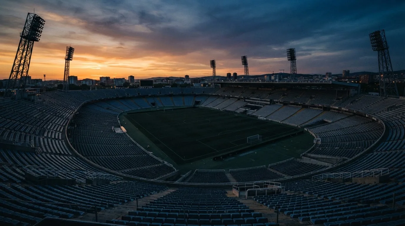 An empty football stadium with floodlight masts at dusk