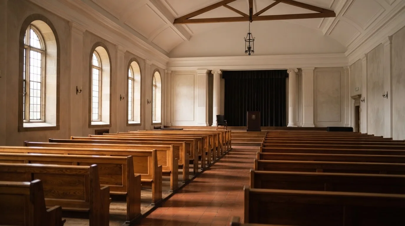 An empty courtroom with wooden benches in morning light