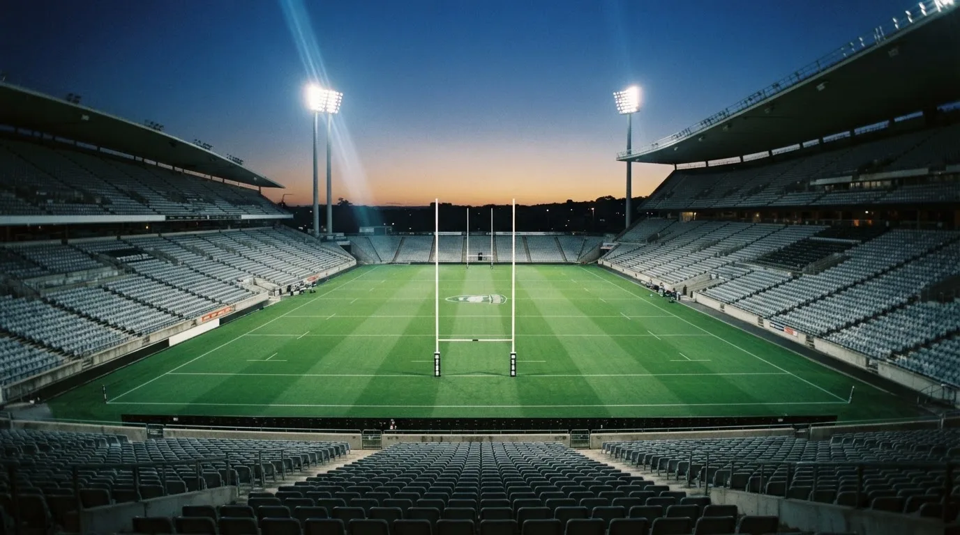An empty football stadium with floodlight masts at dusk