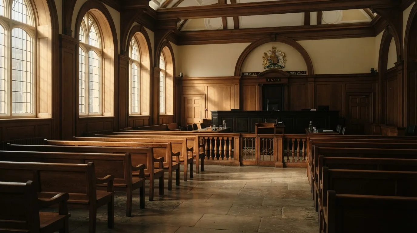 An empty courtroom with wooden benches in morning light