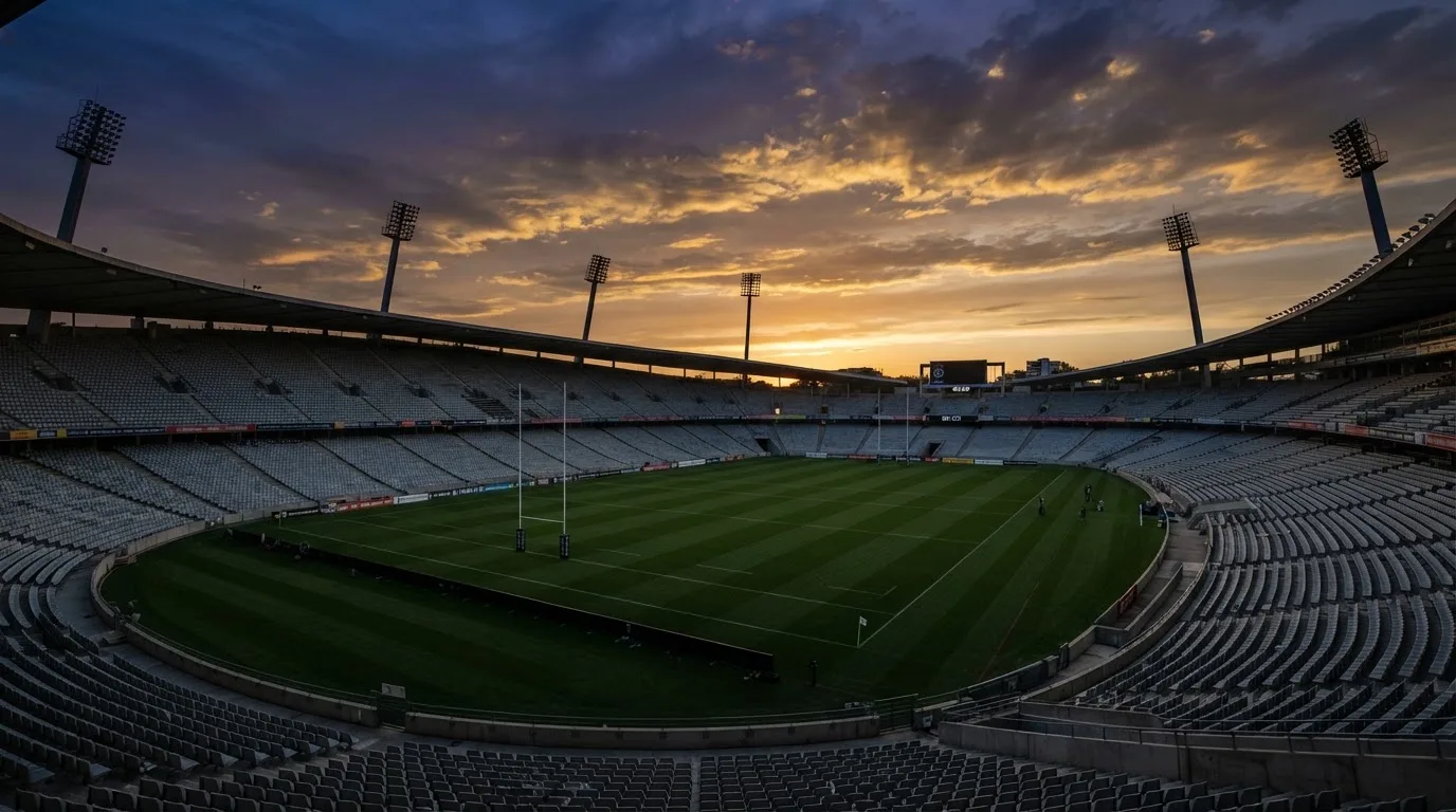 An empty football stadium with floodlight masts at dusk