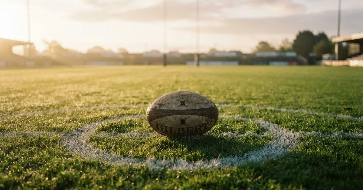 A ball on the centre spot of a grass pitch in morning light