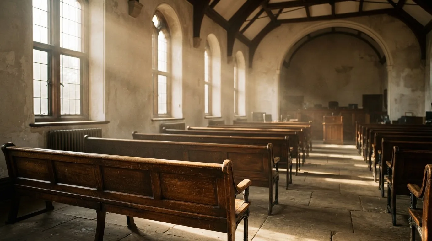 An empty courtroom with wooden benches in morning light