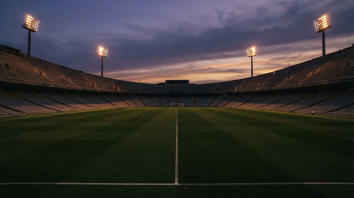 An empty football stadium with floodlight masts at dusk