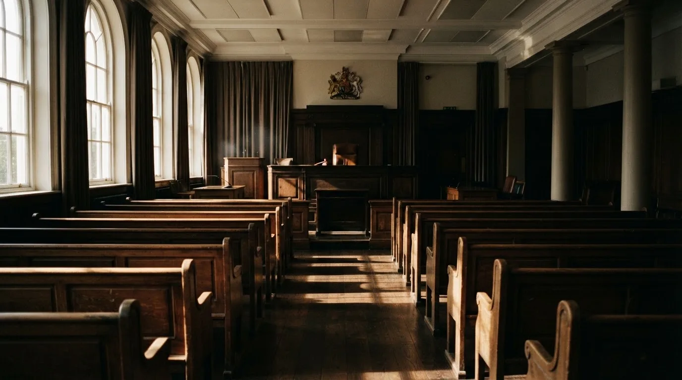 An empty courtroom with wooden benches in morning light