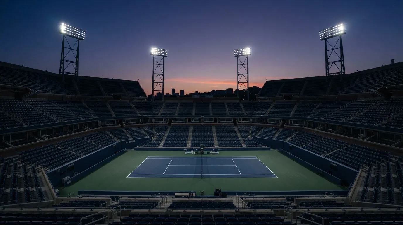 An empty football stadium with floodlight masts at dusk