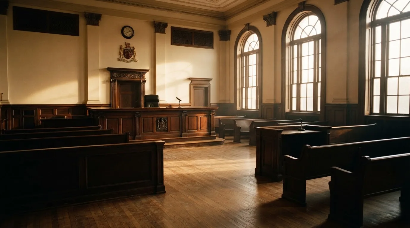 An empty courtroom with wooden benches in morning light