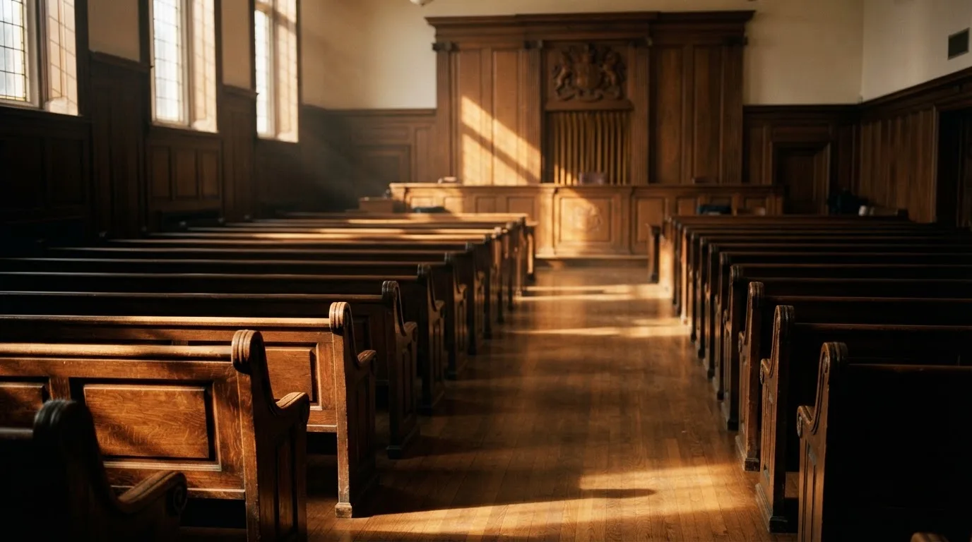 An empty courtroom with wooden benches in morning light