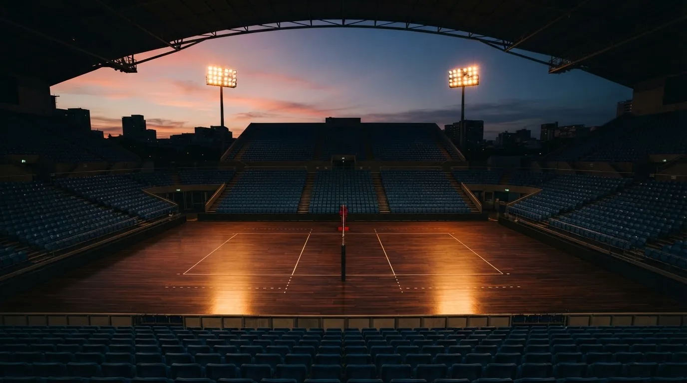 An empty football stadium with floodlight masts at dusk