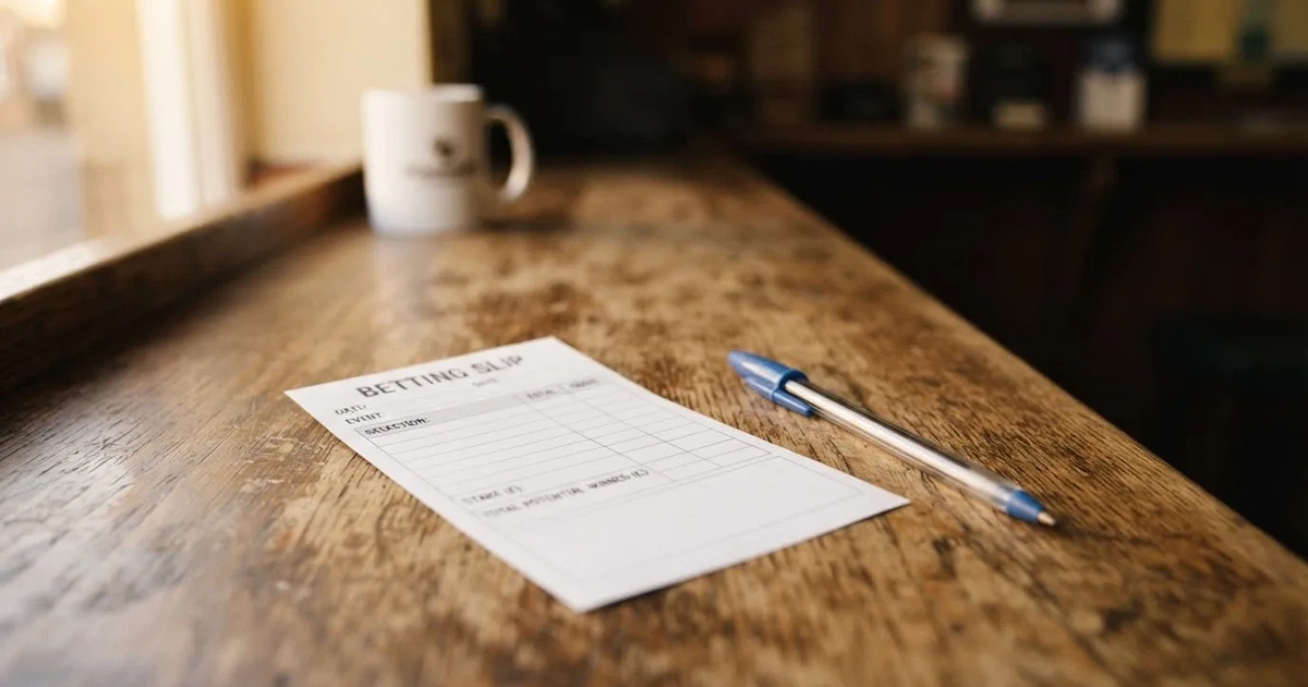 A blank paper betting slip beside a pen on a wooden counter