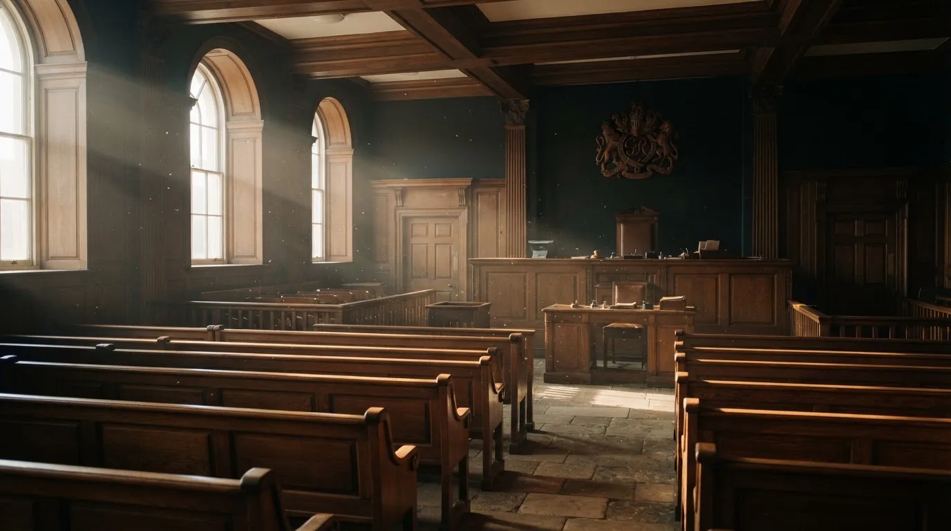 An empty courtroom with wooden benches in morning light