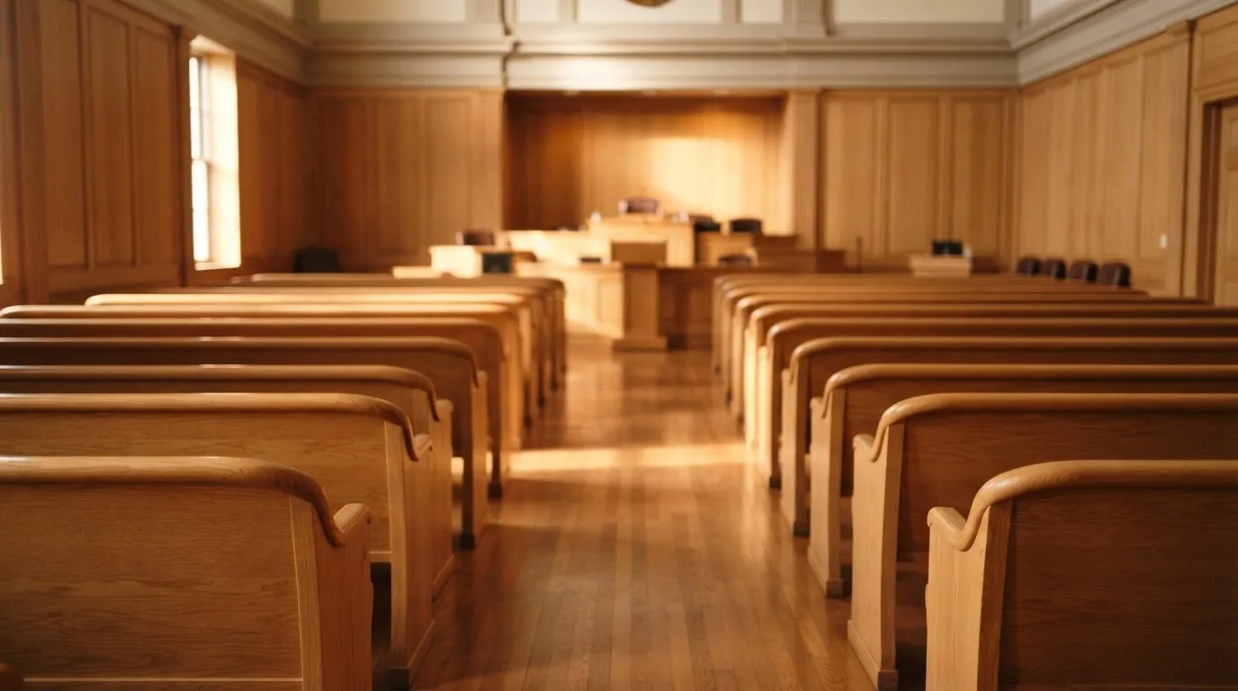An empty courtroom with wooden benches in morning light