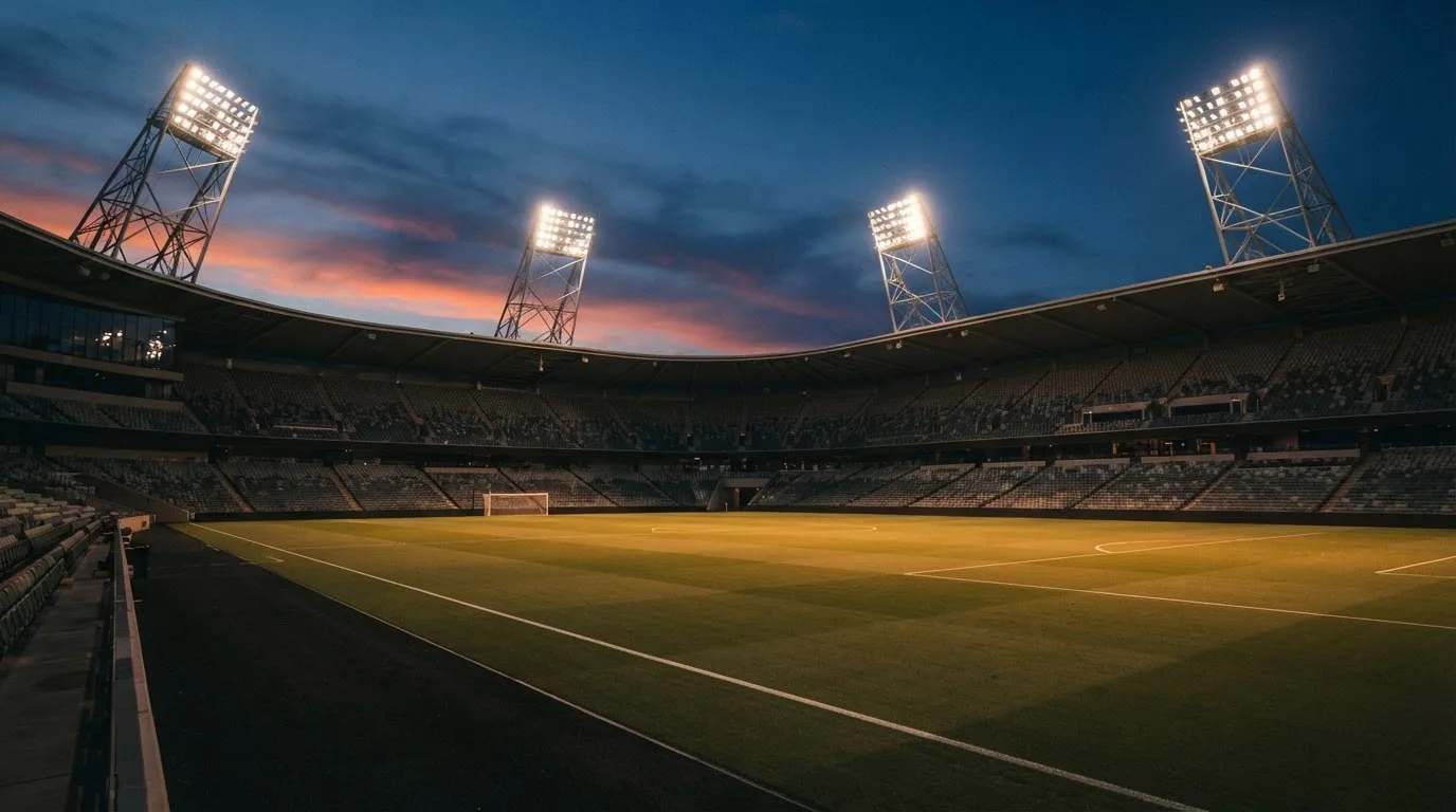 An empty football stadium with floodlight masts at dusk