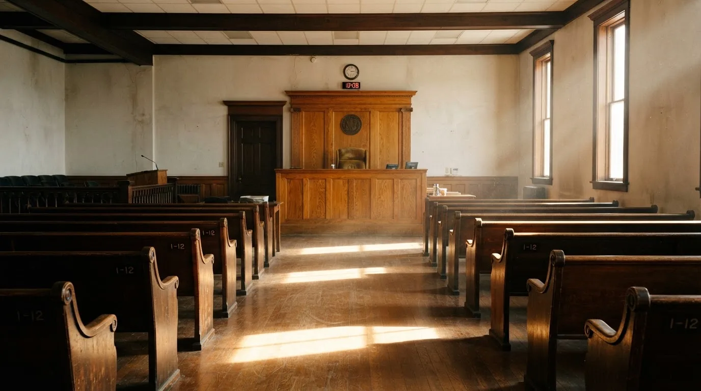 An empty courtroom with wooden benches in morning light
