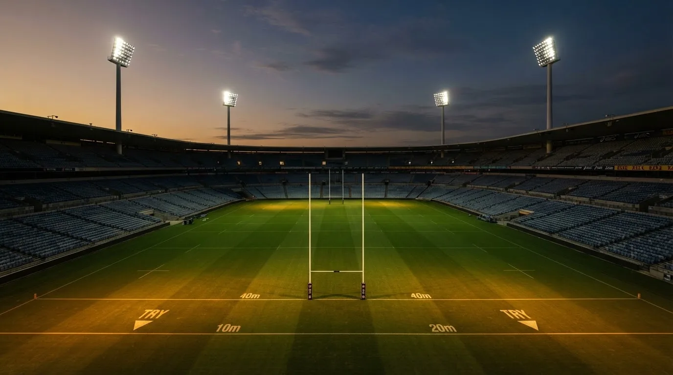 An empty football stadium with floodlight masts at dusk