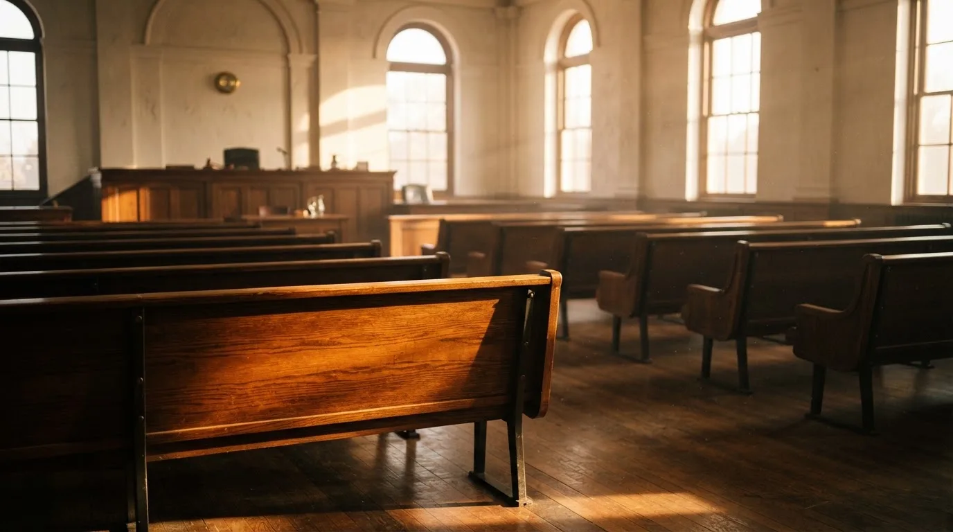 An empty courtroom with wooden benches in morning light