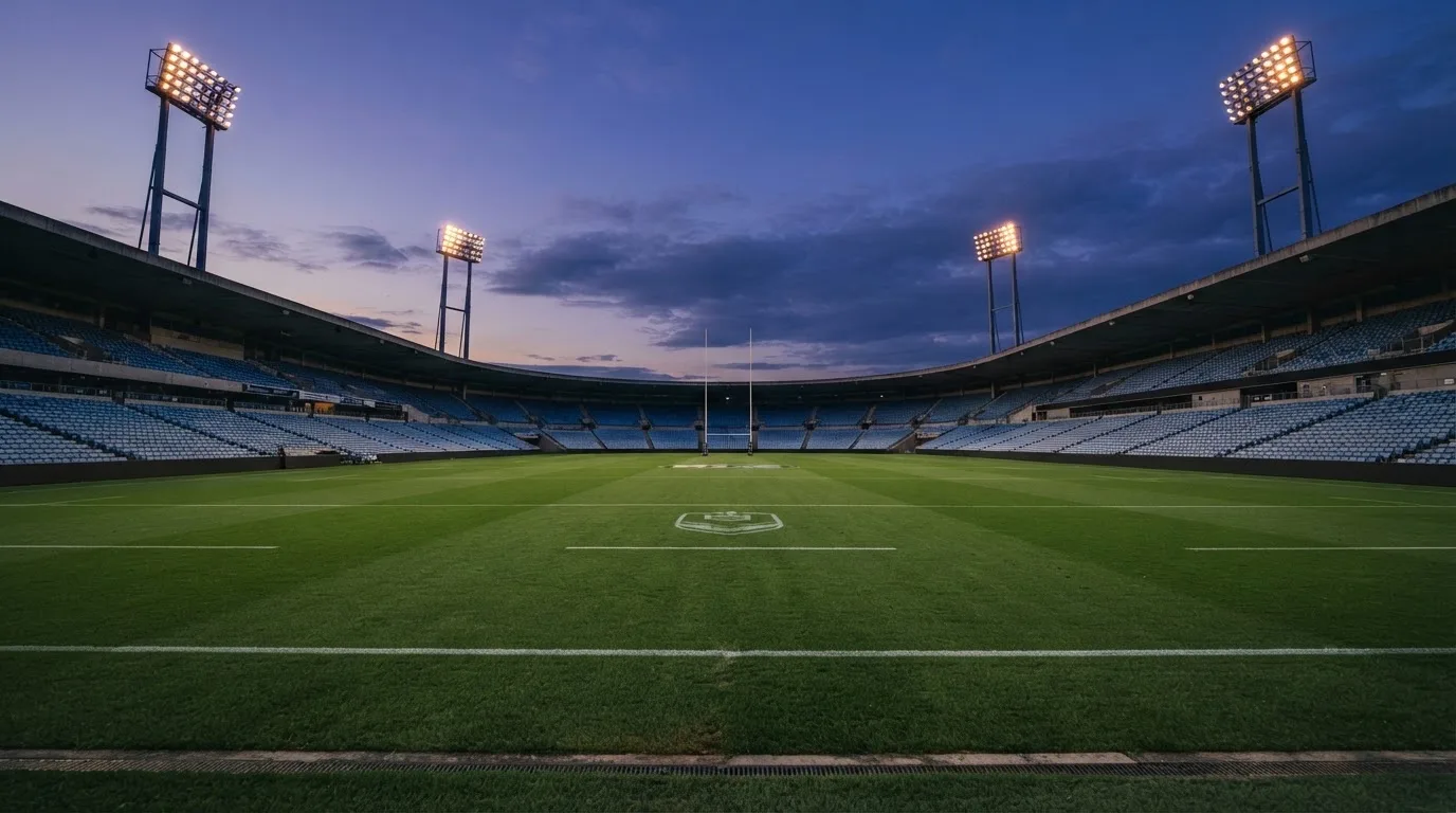 An empty football stadium with floodlight masts at dusk