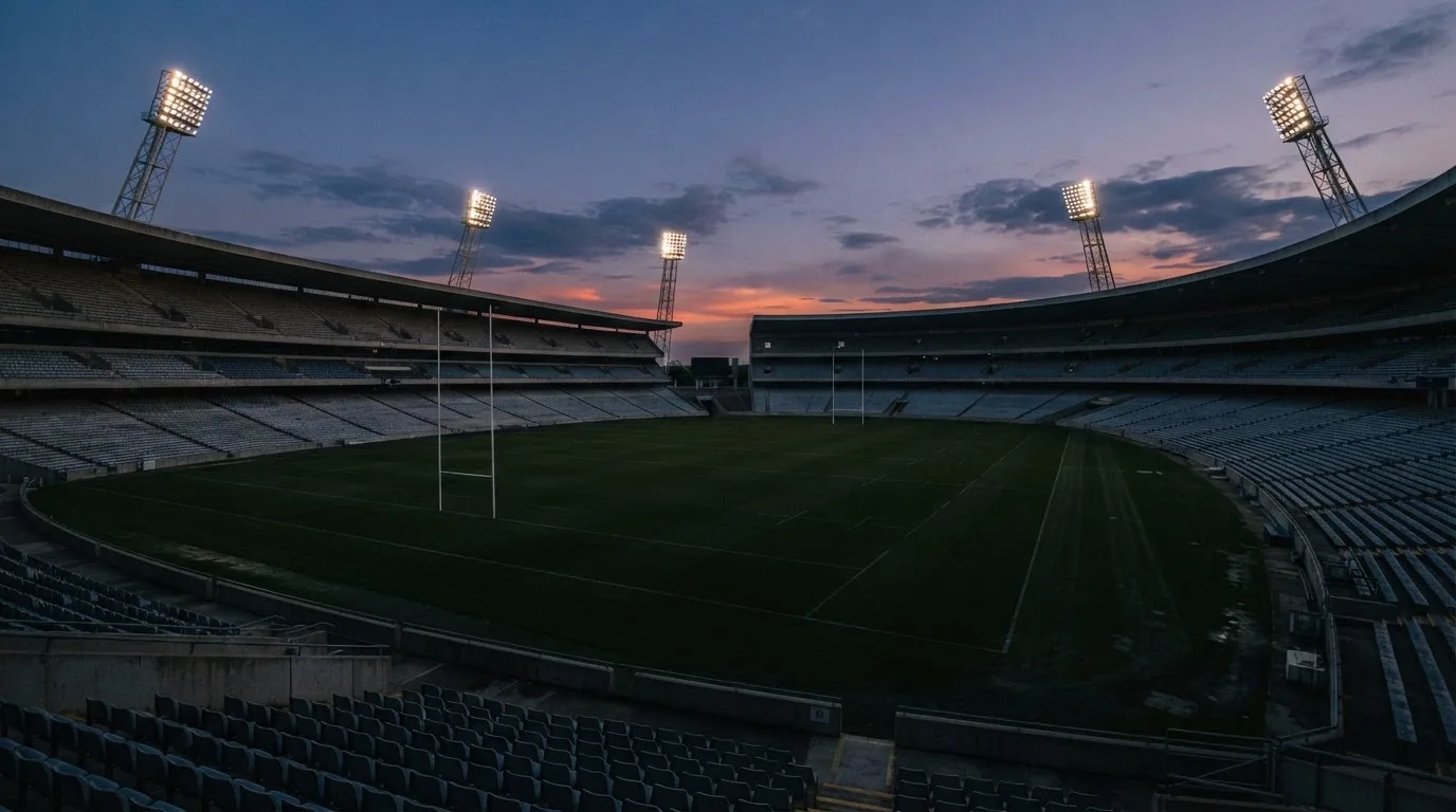 An empty football stadium with floodlight masts at dusk