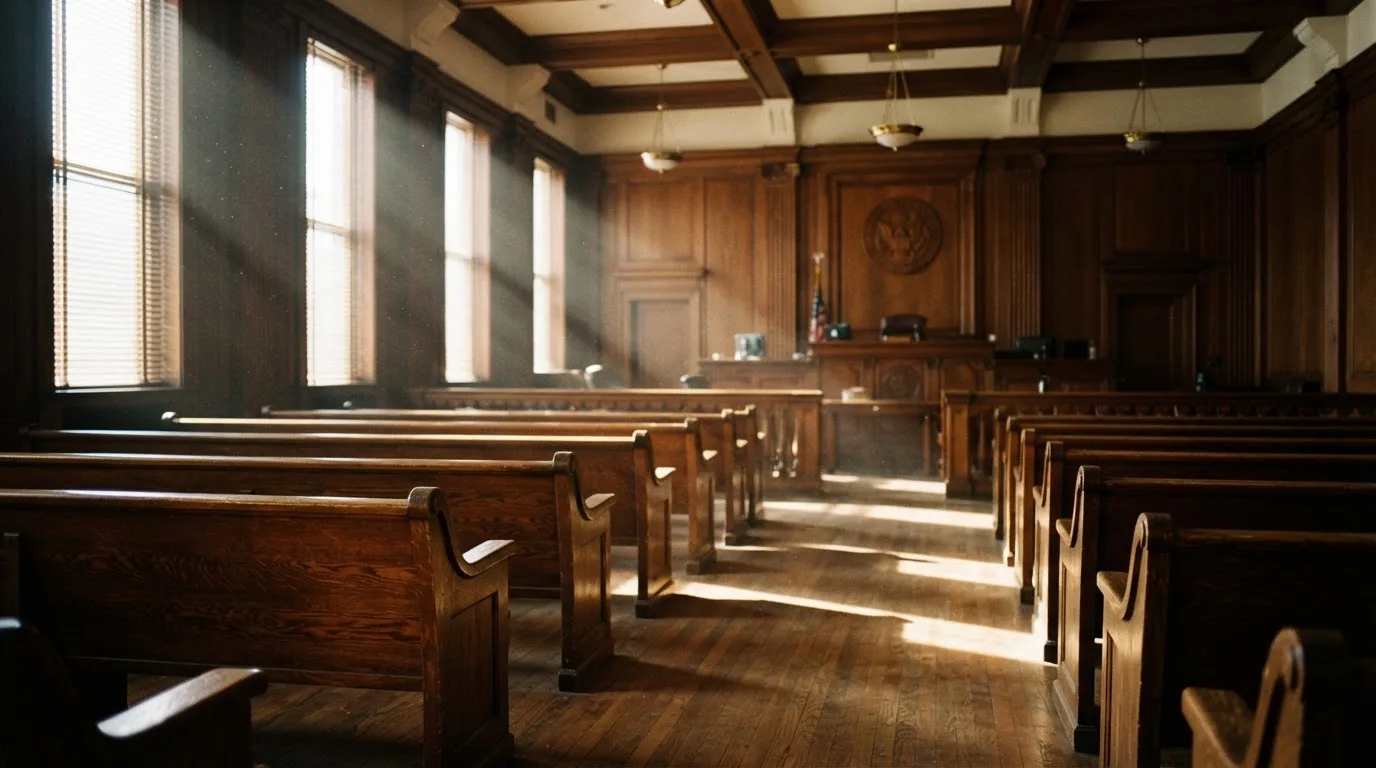 An empty courtroom with wooden benches in morning light