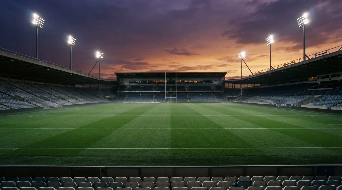 An empty football stadium with floodlight masts at dusk