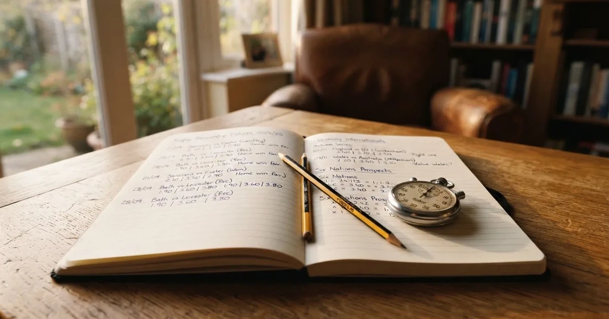 An open notebook with a pencil and a stopwatch on a wooden table