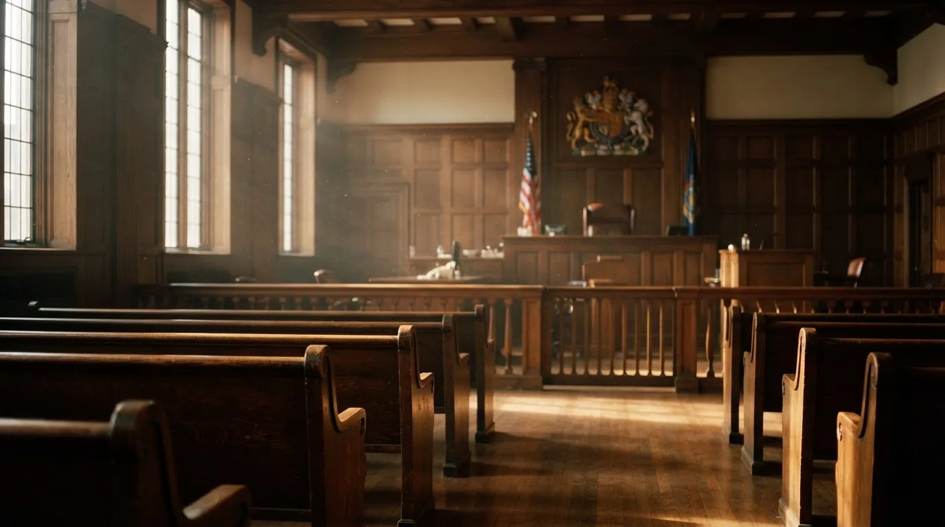 An empty courtroom with wooden benches in morning light