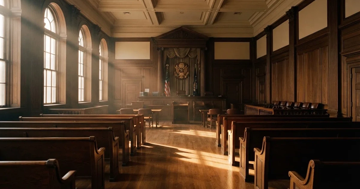An empty courtroom with wooden benches in morning light