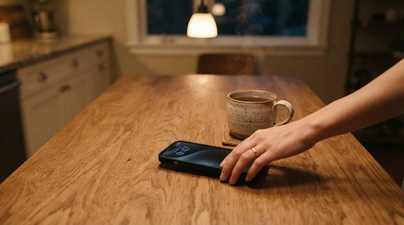 A hand setting a smartphone down beside a cup of tea on a kitchen table on a quiet evening