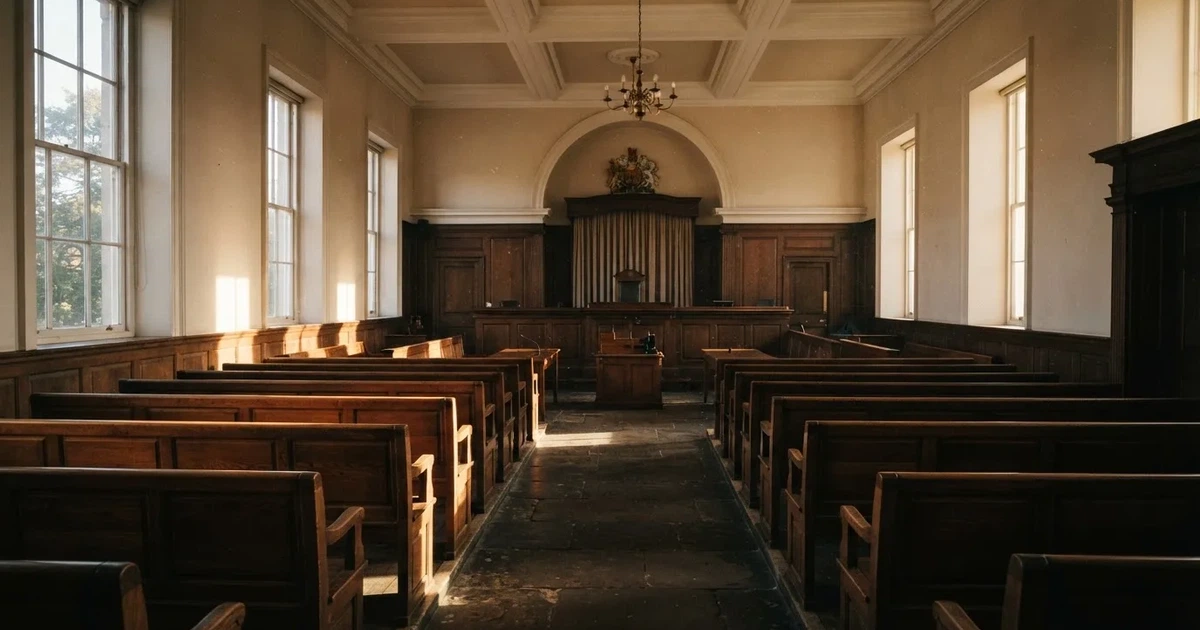 An empty courtroom with wooden benches in morning light