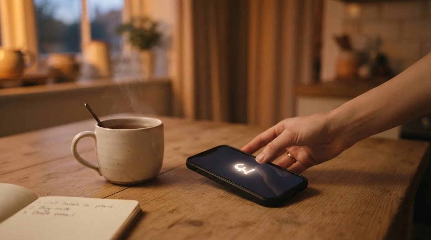 A hand setting a smartphone down beside a cup of tea on a kitchen table on a quiet evening