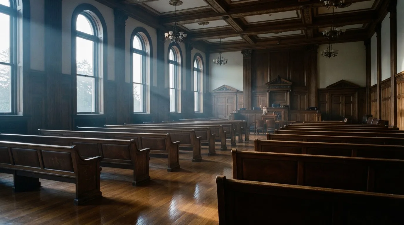 An empty courtroom with wooden benches in morning light