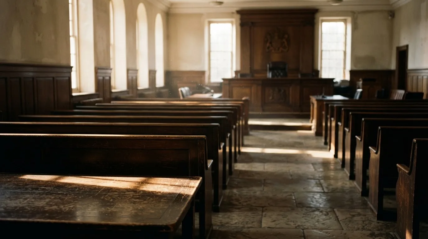 An empty courtroom with wooden benches in morning light
