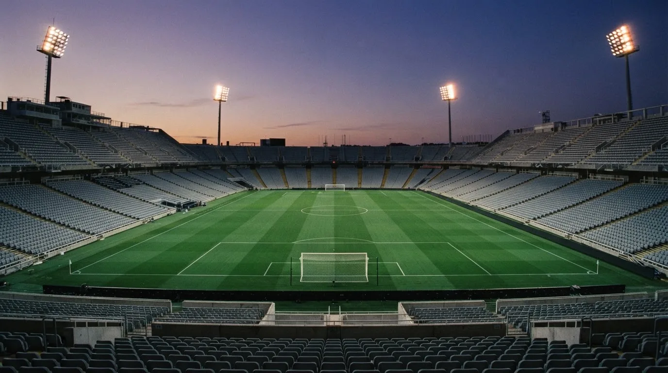 An empty football stadium with floodlight masts at dusk